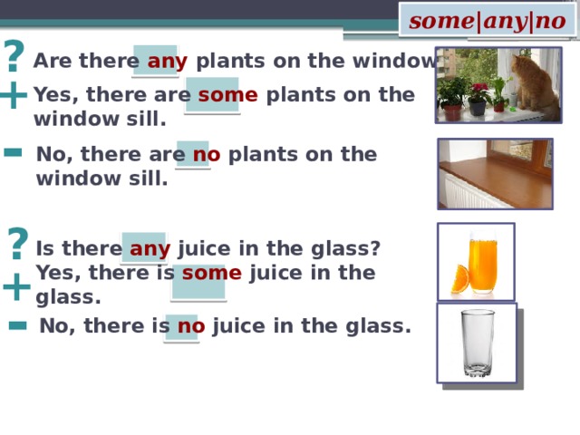 some|any|no ? Are there any plants on the window sill?  + Yes, there are some plants on the window sill. - No, there are no plants on the window sill. ? Is there any juice in the glass?  + Yes, there is some juice in the glass. - No, there is no juice in the glass. 