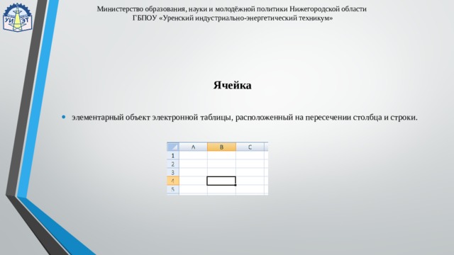 Министерство образования, науки и молодёжной политики Нижегородской области  ГБПОУ «Уренский индустриально-энергетический техникум» Ячейка   элементарный объект электронной таблицы, расположенный на пересечении столбца и строки. 