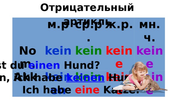 Отрицательный артикль   Nom. м.р ср.р. kein Akk. ж.р. kein keinen мн.ч. keine kein keine keine keine Hast du einen Hund? Nein, ich habe keinen Hund.  Ich habe eine Katze. 