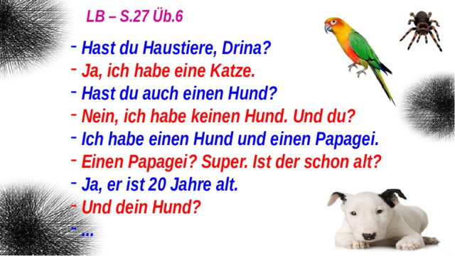 LB – S.27 Üb.6 Hast du Haustiere, Drina? Ja, ich habe eine Katze. Hast du auch einen Hund? Nein, ich habe keinen Hund. Und du? Ich habe einen Hund und einen Papagei. Einen Papagei? Super. Ist der schon alt? Ja, er ist 20 Jahre alt. Und dein Hund? ... 