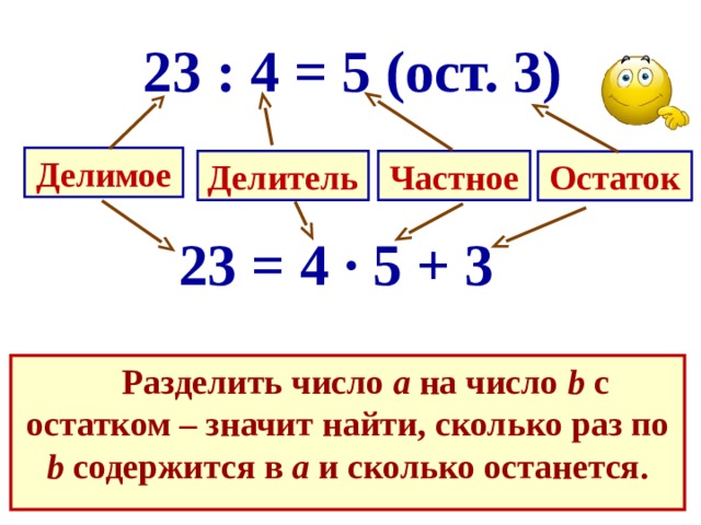 23 : 4 = 5 (ост. 3) Делимое Делитель Частное Остаток 23 = 4 · 5 + 3  Разделить число а на число b с остатком – значит найти, сколько раз по b содержится в а и сколько останется. 