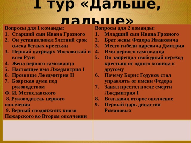  1 тур «Дальше, дальше»   Вопросы для 1 команды: Старший сын Ивана Грозного Он устанавливал 5летний срок сыска беглых крестьян Первый патриарх Московский и всея Руси Жена первого самозванца Настоящее имя Лжедмитрия I Прозвище Лжедмитрия II Боярская дума под руководством Вопросы для 2 команды: Ф. И. Мстиславского Младший сын Ивана Грозного Брат жены Федора Ивановича Место гибели царевича Дмитрия Имя первого самозванца Он запрещал свободный переход крестьян от одного хозяина к другому Почему Борис Годунов стал управлять от имени Федора Занял престол после смерти Лжедмитрия I Возглавил второе ополчение Первый царь династии Романовых  8. Руководитель первого ополчения  9. Верный сподвижник князя Пожарского во Втором ополчении 