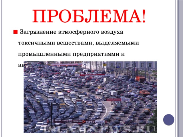  Проблема!  Загрязнение атмосферного воздуха токсичными веществами, выделяемыми промышленными предприятиями и автомобильным транспортом. 