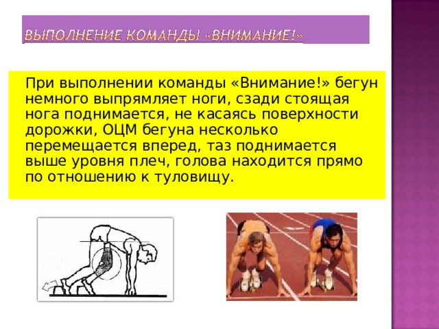   При выполнении команды «Внимание!» бегун немного выпрямляет ноги, сзади стоящая нога поднимается, не касаясь поверхности дорожки, ОЦМ бегуна несколько перемещается вперед, таз поднимается выше уровня плеч, голова находится прямо по отношению к туловищу. 