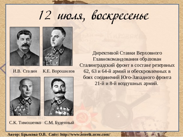 Директивой Ставки Верховного Главнокомандования образован Сталинградский фронт в составе резервных 62, 63 и 64-й армий и обескровленных в боях соединений Юго-Западного фронта 21-й и 8-й воздушных армий. И.В. Сталин К.Е. Ворошилов С.К. Тимошенко С.М. Буденный 