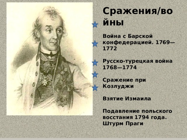 Сражения/войны  Война с Барской конфедерацией. 1769—1772  Русско-турецкая война 1768—1774  Сражение при Козлуджи  Взятие Измаила  Подавление польского восстания 1794 года. Штурм Праги 