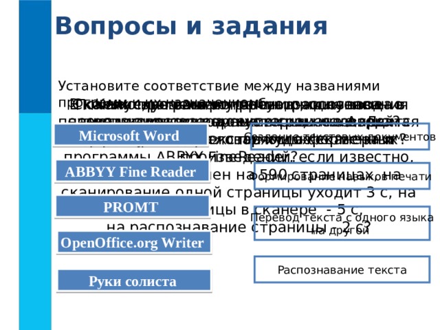 Вопросы и задания Установите соответствие между названиями программ и их назначением: В каких случаях программы распознавания текста экономят время и силы человека? Сколько времени потребуется для ввода в память компьютера текста романа А. Дюма «Три мушкетёра» с помощью сканера и программы ABBYY FineReader, если известно, что текст выполнен на 590 страницах, на сканирование одной страницы уходит 3 с, на смену страницы в сканере - 5 с,  на распознавание страницы - 2 с? Какие, по вашему мнению, основные преимущества компьютерных словарей перед обычными словарями в форме книг? Почему программы-переводчики успешно переводят деловые документы, но не годятся для перевода текстов художественных произведений? Microsoft Word  Создание текстовых документов ABBYY Fine Reader  Формирование навыков печати PROMT  Перевод текста с одного языка на другой OpenOffice.org Writer  Распознавание текста Руки солиста