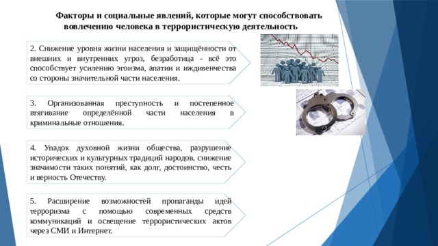 Факторы и социальные явлений, которые могут способствовать вовлечению человека в террористическую деятельность 2. Снижение уровня жизни населения и защищённости от внешних и внутренних угроз, безработица - всё это способствует усилению эгоизма, апатии и иждивенчества со стороны значительной части населения. 3. Организованная преступность и постепенное втягивание определённой части населения в криминальные отношения. 4. Упадок духовной жизни общества, разрушение исторических и культурных традиций народов, снижение значимости таких понятий, как долг, достоинство, честь и верность Отечеству. 5. Расширение возможностей пропаганды идей терроризма с помощью современных средств коммуникаций и освещение террористических актов через СМИ и Интернет. 