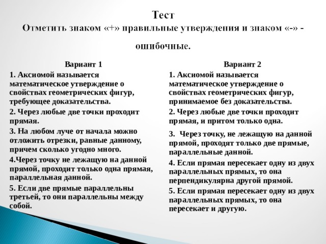 Вариант 1 1. Аксиомой называется математическое утверждение о свойствах геометрических фигур, требующее доказательства. 2. Через любые две точки проходит прямая. 3. На любом луче от начала можно отложить отрезки, равные данному, причем сколько угодно много. 4.Через точку не лежащую на данной прямой, проходит только одна прямая, параллельная данной. 5. Если две прямые параллельны третьей, то они параллельны между собой. Вариант 2 1. Аксиомой называется математическое утверждение о свойствах геометрических фигур, принимаемое без доказательства. 2. Через любые две точки проходит прямая, и притом только одна. 3.  Через точку, не лежащую на данной прямой, проходят только две прямые, параллельные данной. 4. Если прямая пересекает одну из двух параллельных прямых, то она перпендикулярна другой прямой. 5. Если прямая пересекает одну из двух параллельных прямых, то она пересекает и другую. 