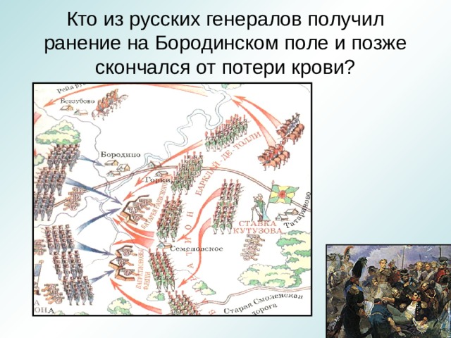 Кто из русских генералов получил ранение на Бородинском поле и позже скончался от потери крови? 