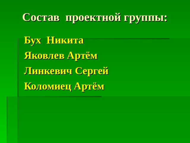 Состав проектной группы: Бух Никита Яковлев Артём Линкевич Сергей Коломиец Артём   