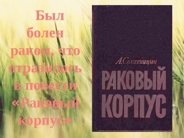 Был болен раком, что отразилось в повести « Раковый корпус » 