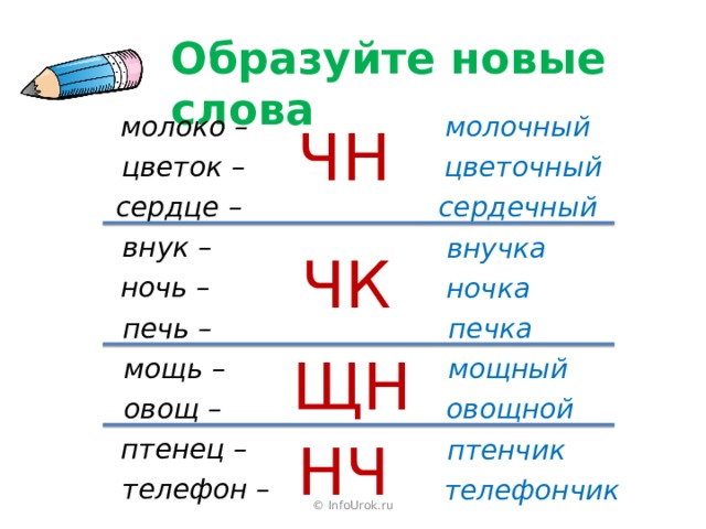 Образуйте новые слова молоко – молочный ЧН цветок – цветочный сердце – сердечный внук – внучка ЧК ночь – ночка печь – печка ЩН мощь – мощный овощ – овощной НЧ птенец – птенчик телефон – телефончик © InfoUrok.ru 