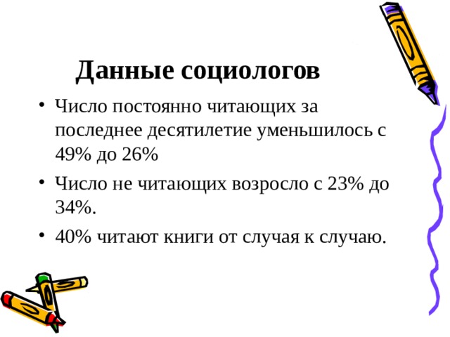 Данные социологов  Число постоянно читающих за последнее десятилетие уменьшилось с 49% до 26%  Число не читающих возросло с 23% до 34%. 40% читают книги от случая к случаю.  