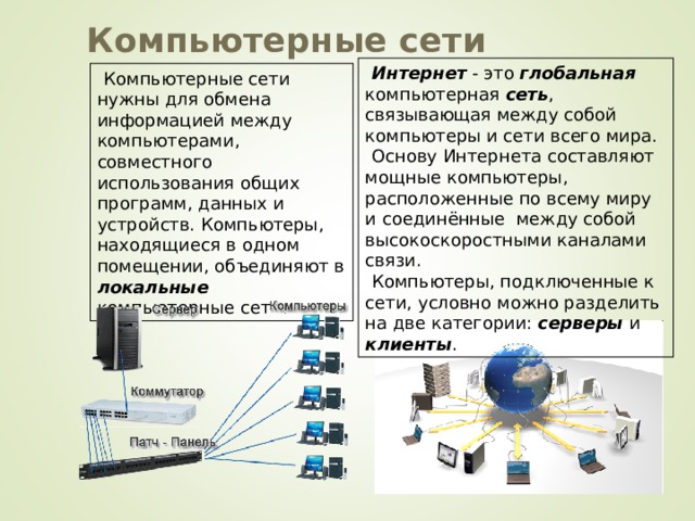 Компьютерные сети Интернет - это глобальная компьютерная сеть , связывающая между собой компьютеры и сети всего мира. Основу Интернета составляют мощные компьютеры, расположенные по всему миру и соединённые между собой высокоскоростными каналами связи. Компьютеры, подключенные к сети, условно можно разделить на две категории: серверы и клиенты . Компьютерные сети нужны для обмена информацией между компьютерами, совместного использования общих программ, данных и устройств. Компьютеры, находящиеся в одном помещении, объединяют в локальные компьютерные сети. 