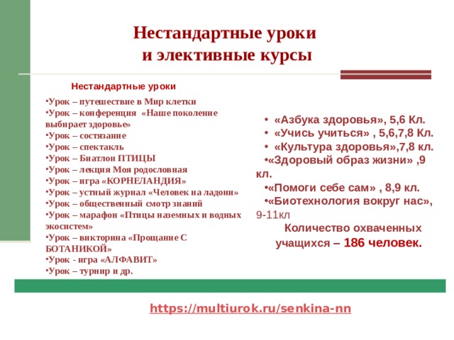 Нестандартные уроки  и элективные курсы Нестандартные уроки Урок – путешествие в Мир клетки Урок – конференция «Наше поколение выбирает здоровье» Урок – состязание Урок – спектакль Урок – Биатлон ПТИЦЫ Урок – лекция Моя родословная Урок – игра «КОРНЕЛАНДИЯ» Урок – устный журнал «Человек на ладони» Урок – общественный смотр знаний Урок – марафон «Птицы наземных и водных экосистем» Урок – викторина «Прощание С БОТАНИКОЙ» Урок - игра «АЛФАВИТ» Урок – турнир и др.     Факультативные и элективные курсы по темам  «Азбука здоровья», 5,6 Кл.  «Учись учиться» , 5,6,7,8 Кл.  «Культура здоровья»,7,8 кл. «Здоровый образ жизни» ,9 кл. «Помоги себе сам» , 8,9 кл. «Биотехнология вокруг нас», 9-11кл Количество охваченных учащихся – 186 человек.   https://multiurok.ru/senkina-nn  