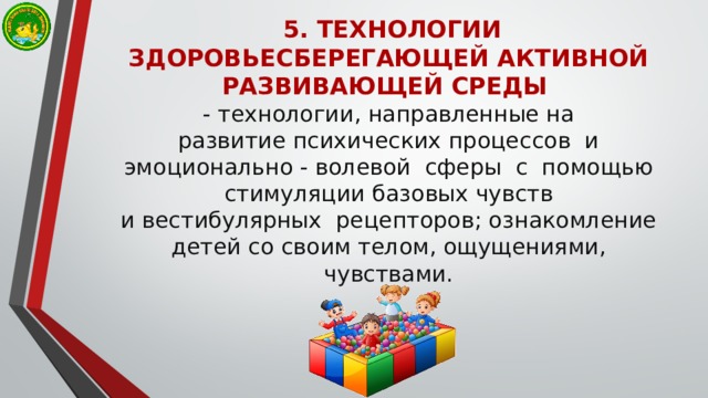   5. ТЕХНОЛОГИИ ЗДОРОВЬЕСБЕРЕГАЮЩЕЙ АКТИВНОЙ РАЗВИВАЮЩЕЙ СРЕДЫ    - технологии, направленные на  развитие психических процессов и эмоционально - волевой сферы с помощью стимуляции базовых чувств  и вестибулярных рецепторов; ознакомление детей со своим телом, ощущениями, чувствами. 