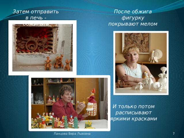 Затем отправить в печь - обжигать После обжига фигурку покрывают мелом   И только потом расписывают яркими красками Ланцова Вера Львовна  