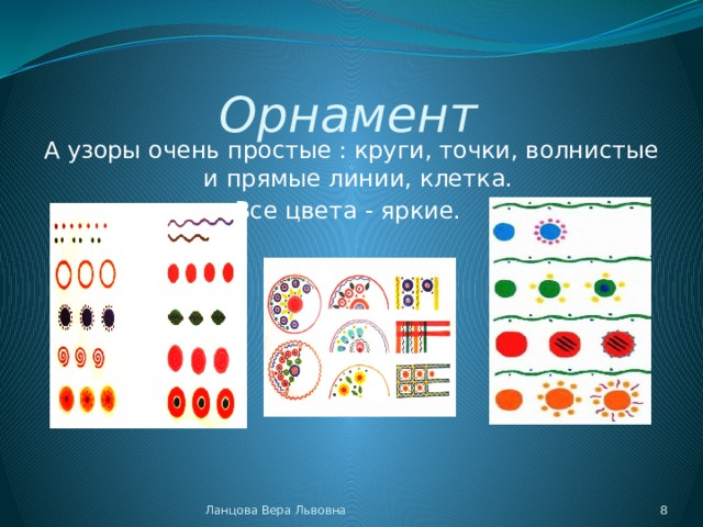 Орнамент А узоры очень простые : круги, точки, волнистые и прямые линии, клетка. Все цвета - яркие. Ланцова Вера Львовна  