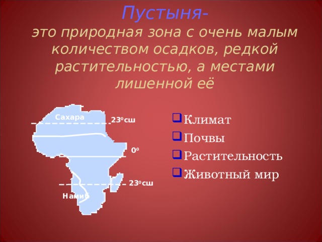 Пустыня-  это  природная зона с очень малым  количеством осадков, редкой растительностью, а местами лишенной её   Климат Почвы Растительность Животный мир Сахара 23 0 сш 0 0 23 0 сш Намиб 