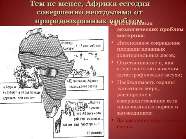 Тем не менее, Африка сегодня совершенно неотделима от природоохранных проблем. Суть основных экологических проблем материка : Интенсивное сокращение площади влажных экваториальных лесов; Опустынивание и, как следствие этого явления, катастрофические засухи; Необходимость охраны животного мира, расширение и совершенствование сети национальных парков и заповедников; Загрязнение окружающей среды. 