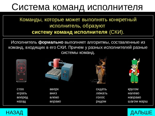 Система команд исполнителя Команды, которые может выполнять конкретный исполнитель, образуют  систему команд исполнителя (СКИ). Исполнитель формально выполняет алгоритмы, составленные из команд, входящих в его СКИ. Причем у разных исполнителей разные системы команд. сидеть лежать голос рядом кругом налево направо шагом марш стоп играть вперед назад вверх вниз влево вправо  ДАЛЬШЕ  НАЗАД 