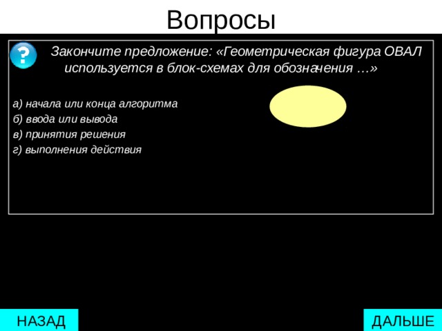 Вопросы  Закончите предложение: «Геометрическая фигура ОВАЛ используется в блок-схемах для обозначения …»  а) начала или конца алгоритма б) ввода или вывода в) принятия решения г) выполнения действия       ДАЛЬШЕ  НАЗАД 