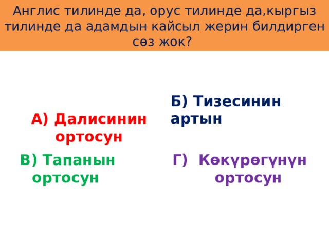 Англис тилинде да, орус тилинде да,кыргыз тилинде да адамдын кайсыл жерин билдирген сөз жок? А) Далисинин ортосун Б) Тизесинин артын  В) Тапанын ортосун Г) Көкүрөгүнүн ортосун 