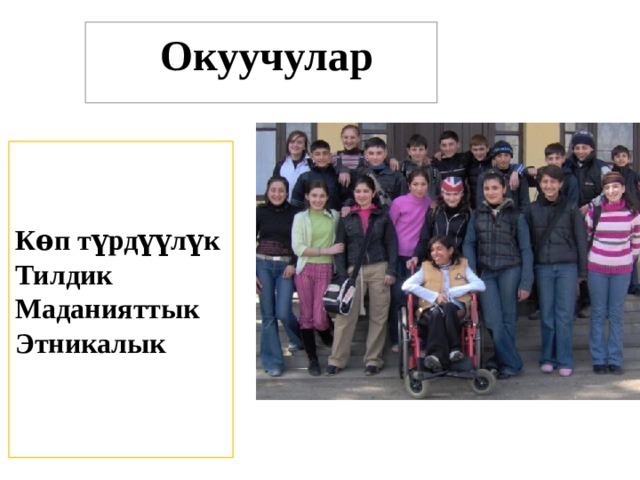  Окуучулар Кѳп түрдүүлүк Тилдик Маданияттык Этникалык 