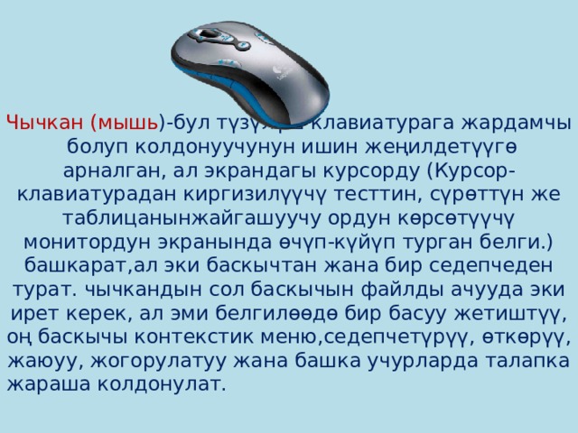     Чычкан (мышь )-бул түзүлүш клавиатурага жардамчы болуп колдонуучунун ишин жеңилдетүүгө арналган, ал экрандагы курсорду (Курсор-клавиатурадан киргизилүүчү тесттин, сүрөттүн же таблицанынжайгашуучу ордун көрсөтүүчү монитордун экранында өчүп-күйүп турган белги.) башкарат,ал эки баскычтан жана бир седепчеден турат. чычкандын сол баскычын файлды ачууда эки ирет керек, ал эми белгилөөдө бир басуу жетиштүү, оң баскычы контекстик меню,седепчетүрүү, өткөрүү, жаюуу, жогорулатуу жана башка учурларда талапка жараша колдонулат. 