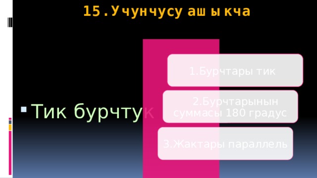15. Учунчусу ашыкча Тик бурчтук  1.Бурчтары тик  2.Бурчтарынын суммасы 180 градус 3.Жактары параллель 