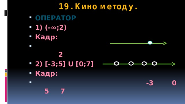 19. Кино методу. ОПЕРАТОР 1) (-∞;2) Кадр:  2 2) [-3;5] U [0;7] Кадр:  -3 0 5 7  