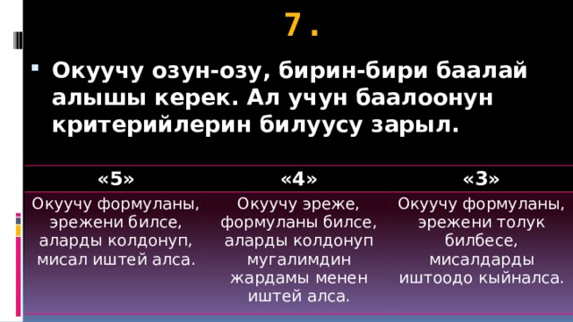 7. Окуучу озун-озу, бирин-бири баалай алышы керек. Ал учун баалоонун критерийлерин билуусу зарыл. «5» «4» Окуучу формуланы, эрежени билсе, аларды колдонуп, мисал иштей алса. «3» Окуучу эреже, формуланы билсе, аларды колдонуп мугалимдин жардамы менен иштей алса. Окуучу формуланы, эрежени толук билбесе, мисалдарды иштоодо кыйналса. 