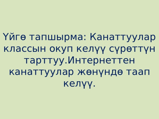 Үйгө тапшырма: Канаттуулар классын окуп келүү сүрөттүн тарттуу.Интернеттен канаттуулар жөнүндө таап келүү. 