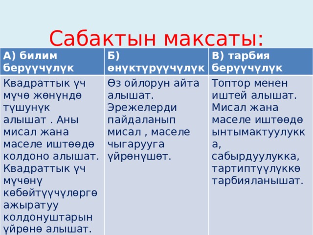 Сабактын максаты:          А) билим берүүчүлүк Б) өнүктүрүүчүлүк Квадраттык үч мүчө жөнүндө түшунүк алышат . Аны мисал жана маселе иштөөдө колдоно алышат. Квадраттык үч мүчөнү көбөйтүүчүлөргө ажыратуу колдонуштарын үйрөнө алышат. В) тарбия берүүчүлүк Өз ойлорун айта алышат. Эрежелерди пайдаланып мисал , маселе чыгарууга үйрөнүшөт. Топтор менен иштей алышат. Мисал жана маселе иштөөдө ынтымактуулукка, сабырдуулукка, тартиптүүлүккө тарбияланышат. 