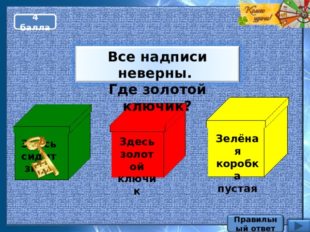 4 балла Все надписи неверны. Где золотой ключик? Зелёная коробка пустая Здесь золотой ключик Здесь сидит змея Правильный ответ