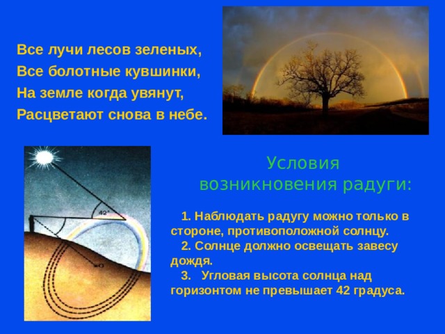 Все лучи лесов зеленых, Все болотные кувшинки, На земле когда увянут, Расцветают снова в небе. Условия  возникновения радуги:    1. Наблюдать радугу можно только в стороне, противоположной солнцу.  2. Солнце должно освещать завесу дождя.  3. Угловая высота солнца над горизонтом не превышает 42 градуса. 