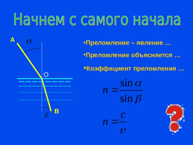А Преломление – явление … Преломление объясняется …  Коэффициент преломления …  О  Повторение пройденного, ответы на вопросы. В 7 