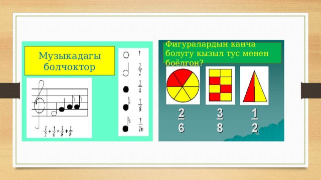 Фигуралардын канча болугу кызыл тус менен боёлгон? Музыкадагы болчоктор 
