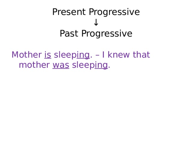 Present Progressive  ↓  Past Progressive   Mother is sleep ing . – I knew that mother was sleep ing . 
