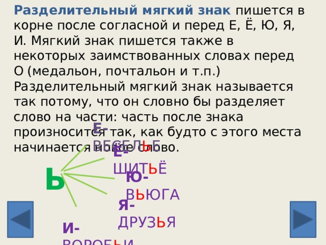 Разделительный мягкий знак пишется в корне после согласной и перед Е, Ё, Ю, Я, И. Мягкий знак пишется также в некоторых заимствованных словах перед О (медальон, почтальон и т.п.) Разделительный мягкий знак называется так потому, что он словно бы разделяет слово на части: часть после знака произносится так, как будто с этого места начинается новое слово.   Е- ВЕСЕЛ Ь Е Ё- ШИТ Ь Ё Ь Ю- В Ь ЮГА Я- ДРУЗ Ь Я И- ВОРОБ Ь И 
