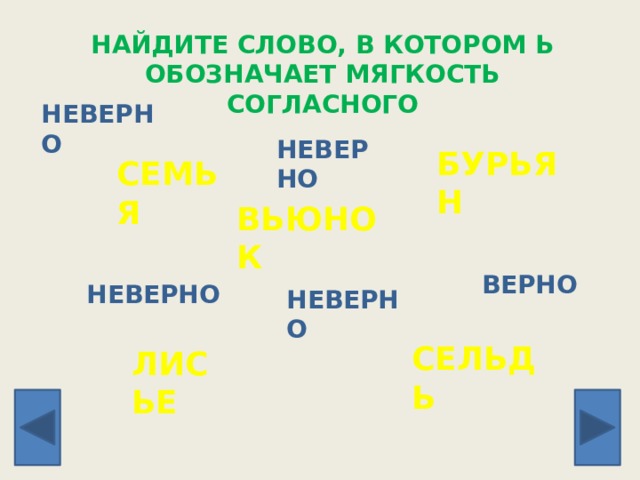 НАЙДИТЕ СЛОВО, В КОТОРОМ Ь ОБОЗНАЧАЕТ МЯГКОСТЬ СОГЛАСНОГО НЕВЕРНО НЕВЕРНО БУРЬЯН СЕМЬЯ ВЬЮНОК ВЕРНО НЕВЕРНО НЕВЕРНО СЕЛЬДЬ ЛИСЬЕ 