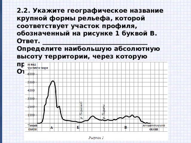 2.2. Укажите географическое название крупной формы рельефа, которой соответствует участок профиля, обозначенный на рисунке 1 буквой В. Ответ. _________________________________ Определите наибольшую абсолютную высоту территории, через которую проходит профиль на этом участке. Ответ. _________________________________ 