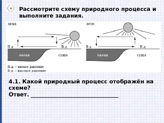 Рассмотрите схему природного процесса и выполните задания. 4.1. Какой природный процесс отображён на схеме? Ответ. ________________________________ 