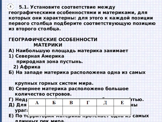  5.1. Установите соответствие между географическими особенностями и материками, для которых они характерны: для этого к каждой позиции первого столбца подберите соответствующую позицию из второго столбца.  ГЕОГРАФИЧЕСКИЕ ОСОБЕННОСТИ МАТЕРИКИ А) Наибольшую площадь материка занимает 1) Северная Америка  природная зона пустынь. 2) Африка Б) На западе материка расположена одна из самых  крупных горных систем мира. В) Севернее материка расположено большое  количество островов. Г) Недра северной части материка богаты нефтью. Д) Для центральной части материка характерны  ураганы и атмосферные смерчи – торнадо. Е) По территории материка протекает одна из самых  длинных рек мира. Запишите в таблицу выбранные цифры под соответствующими буквами.  Ответ. 