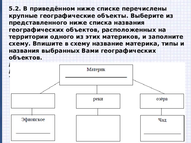 5.2. В приведённом ниже списке перечислены крупные географические объекты. Выберите из представленного ниже списка названия географических объектов, расположенных на территории одного из этих материков, и заполните схему. Впишите в схему название материка, типы и названия выбранных Вами географических объектов. Конго, Ориноко, Ниагара, Виктория, Амур, Анды, Кавказ, Тибести, Байкал, Замбези, Аппалачи, Тибет. 