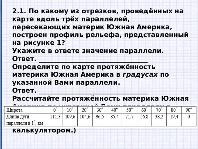 2.1. По какому из отрезков, проведённых на карте вдоль трёх параллелей, пересекающих материк Южная Америка, построен профиль рельефа, представленный на рисунке 1? Укажите в ответе значение параллели. Ответ. _________________________________ Определите по карте протяжённость материка Южная Америка в градусах по указанной Вами параллели. Ответ. _________________________________ Рассчитайте протяжённость материка Южная Америка по указанной Вами параллели в километрах с помощью приведённой ниже таблицы. (Для расчёта воспользуйтесь калькулятором.) Ответ. _________________________________ 