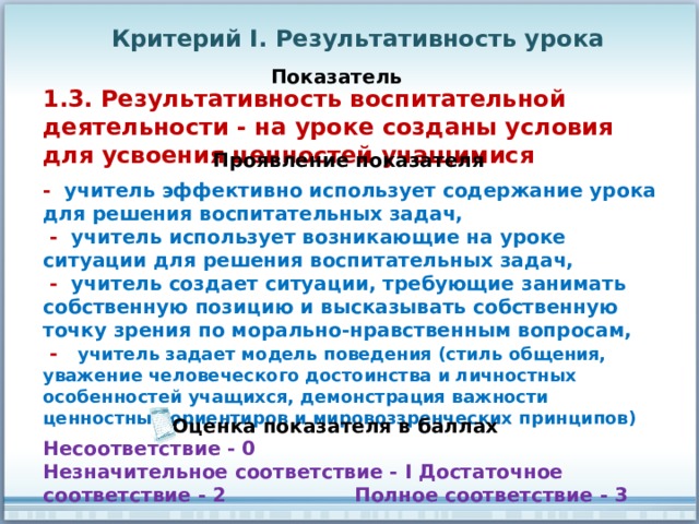 Критерий I. Результативность урока Показатель 1.3. Результативность воспитательной деятельности - на уроке созданы условия для усвоения ценностей учащимися Проявление показателя - учитель эффективно использует содержание урока для решения воспитательных задач,  - учитель использует возникающие на уроке ситуации для решения воспитательных задач,  - учитель создает ситуации, требующие занимать собственную позицию и высказывать собственную точку зрения по морально-нравственным вопросам,  - учитель задает модель поведения (стиль общения, уважение человеческого достоинства и личностных особенностей учащихся, демонстрация важности ценностных ориентиров и мировоззренческих принципов) Оценка показателя в баллах Несоответствие - 0 Незначительное соответствие - I Достаточное соответствие - 2 Полное соответствие - 3 