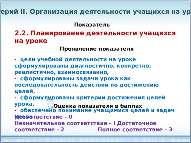 Критерий II. Организация деятельности учащихся на уроке Показатель 2.2. Планирование деятельности учащихся на уроке Проявление показателя - цели учебной деятельности на уроке сформулированы диагностично, конкретно, реалистично, взаимосвязанно, - сформулированы задачи урока как последовательность действий по достижению целей, - сформулированы критерии достижения целей урока, - обеспечено понимание учащимися целей и задач урока Оценка показателя в баллах Несоответствие - 0 Незначительное соответствие - I Достаточное соответствие - 2 Полное соответствие - 3 