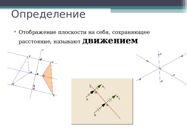 Отображение плоскости на себя, сохраняющее расстояние, называют движением 